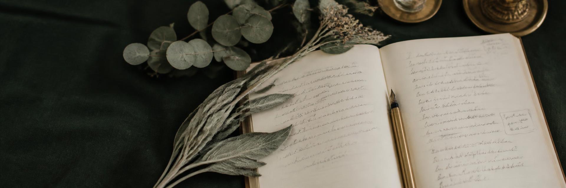 An open journal with handwritten edits, a brass pen and dried sage